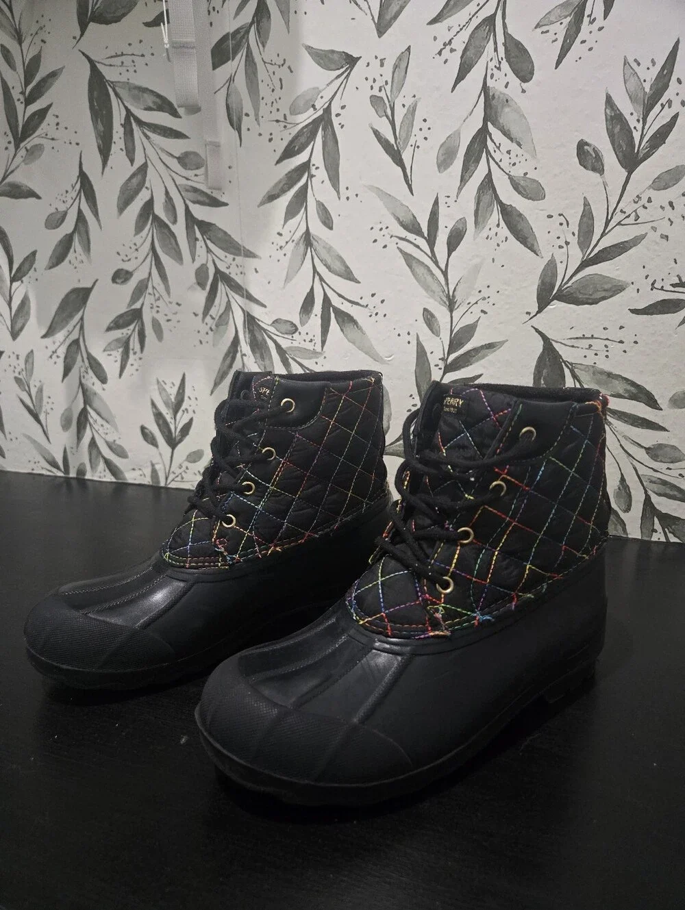 Sperry Girls Black Quilted Rain & Snow Boots with Multicolor Stitching